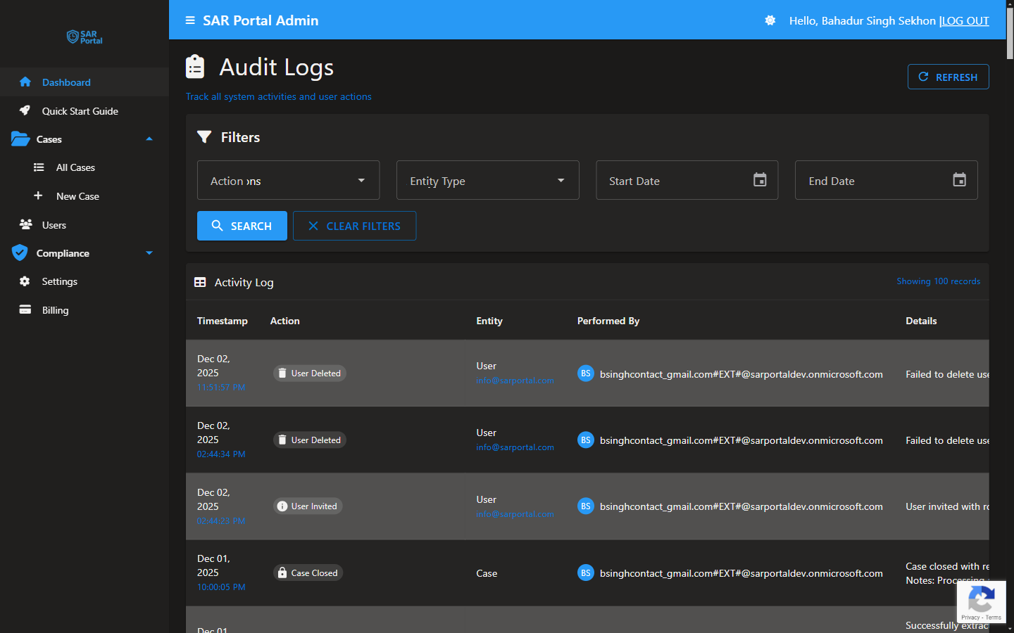 Audit logs in SAR Portal