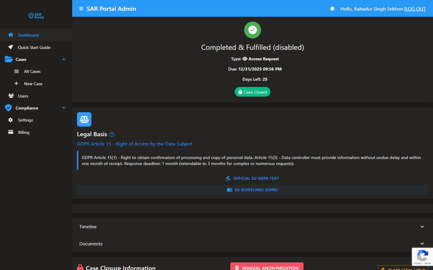Identity verification in SAR Portal