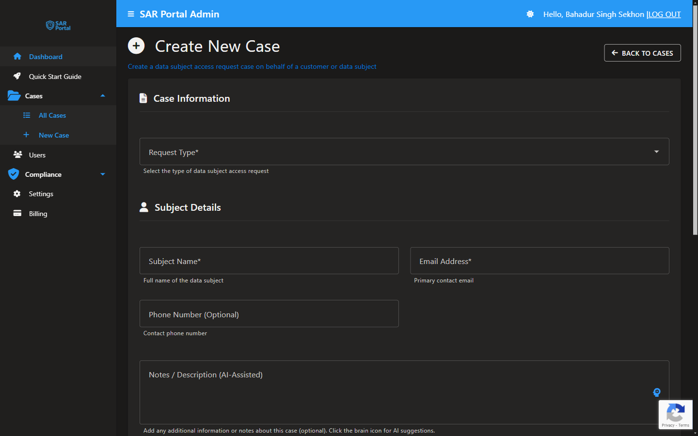 Create a DSAR case in SAR Portal