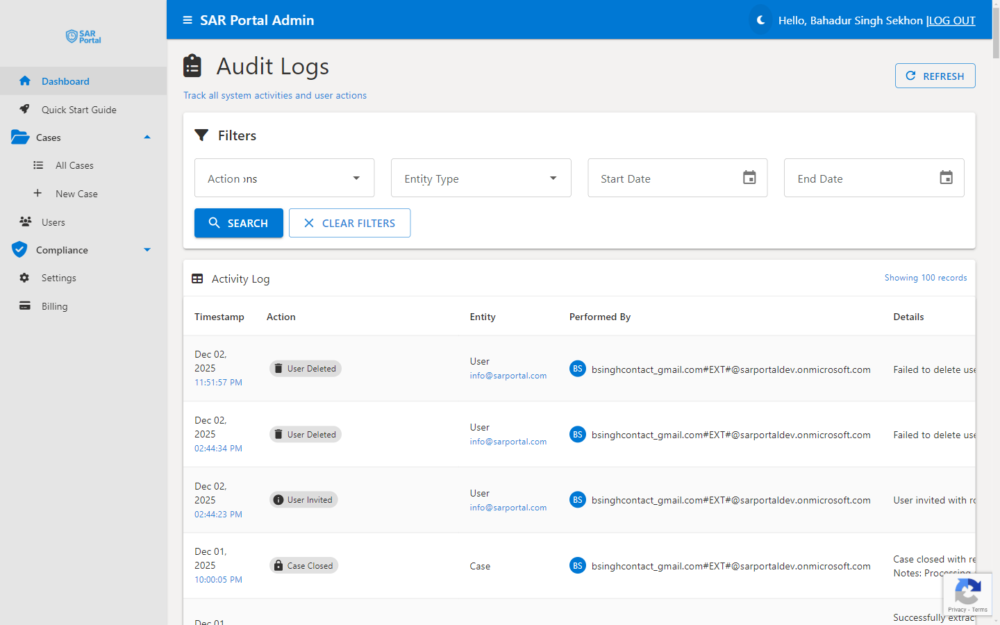 Audit logs in SAR Portal