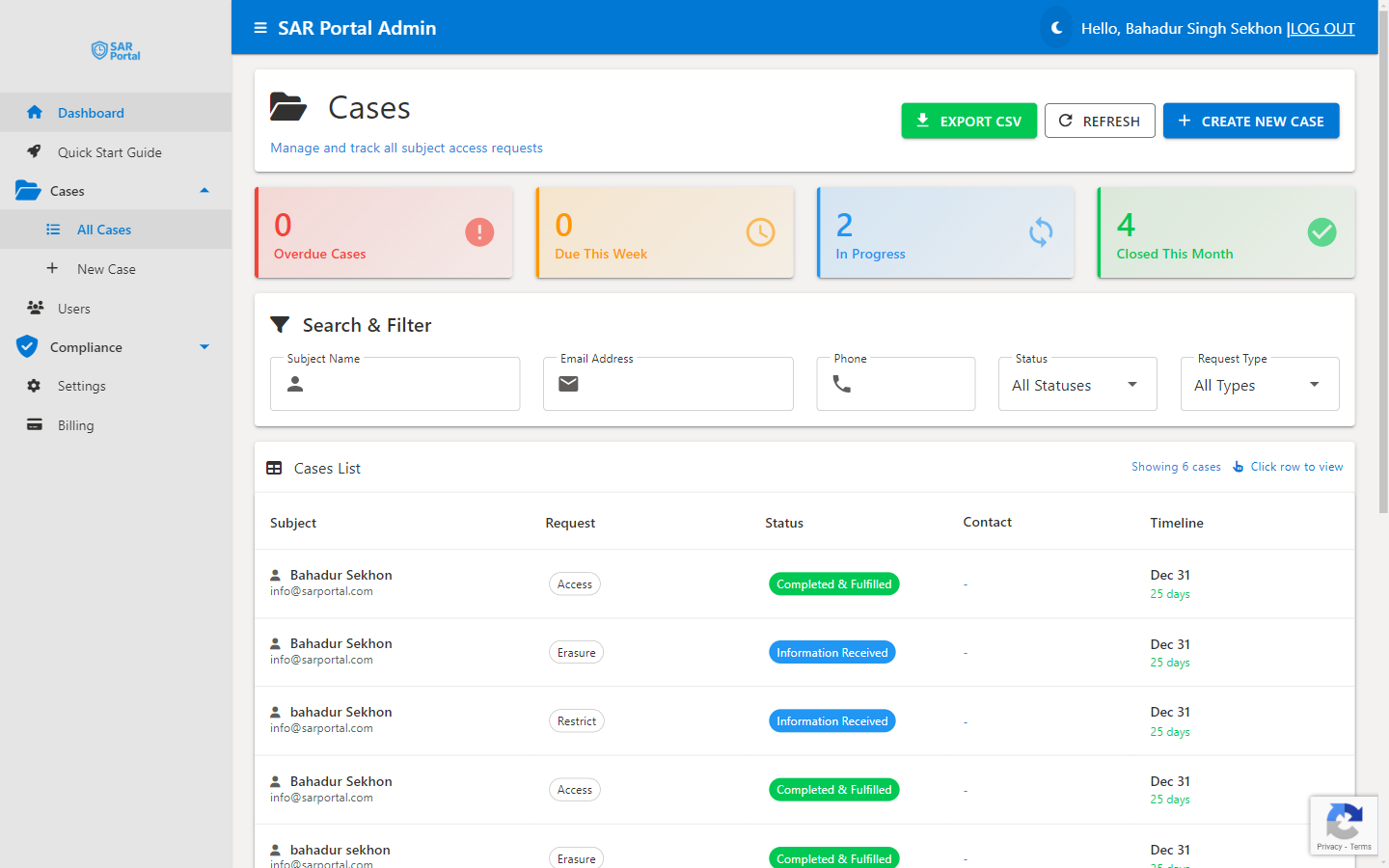 Watch: How SAR Portal helps you respond to GDPR requests — case dashboard with deadlines