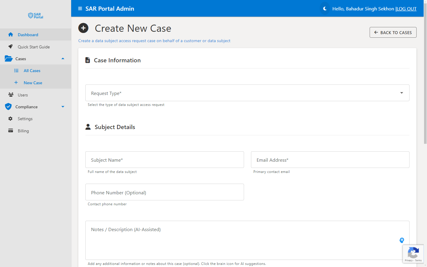 Create a DSAR case in SAR Portal